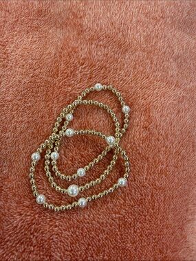 Gold Beaded Stretch Bracelet Set with White Pearls